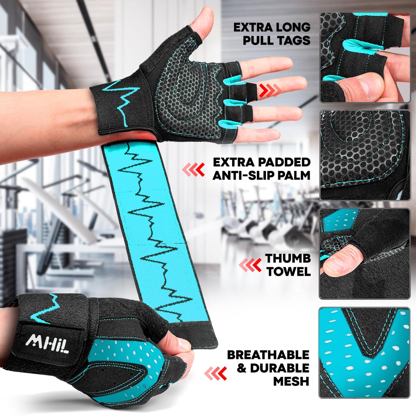 MhIL Workout Gloves for Men – Comfortable Gym Gloves for Men with Enhanced Grip for Safety and Hand Protection – Weight Lifting Protection with Wrist Wraps Support for Performance Boost and Style
