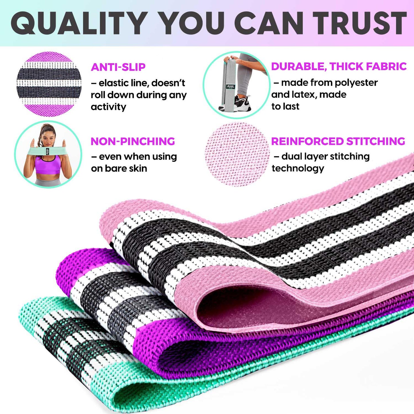 Fabric Resistance Bands for Women & Men – 4 Durable Exercise Bands for Working Out, Non-Slip & Non-Pinching Workout Bands – Multiple Resistance Levels Booty Bands for Legs Butt Glutes Hips Abs & More.