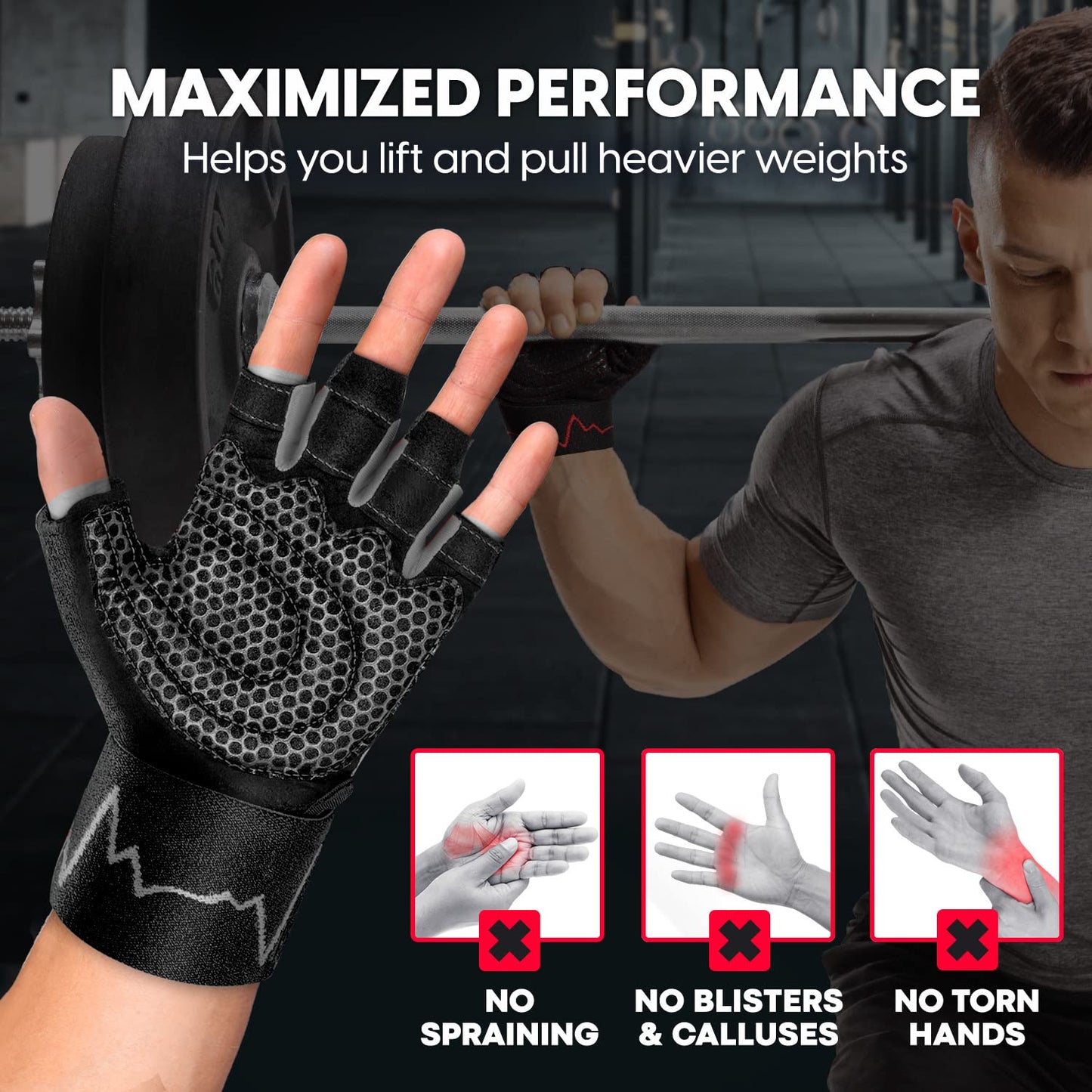 MhIL Workout Gloves for Men – Comfortable Gym Gloves for Men with Enhanced Grip for Safety and Hand Protection – Weight Lifting Protection with Wrist Wraps Support for Performance Boost and Style