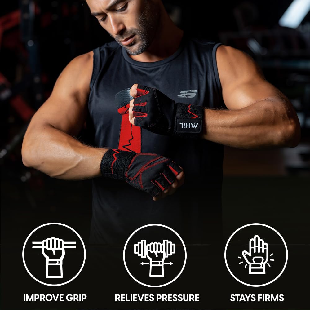 MhIL Workout Gloves for Men – Comfortable Gym Gloves for Men with Enhanced Grip for Safety and Hand Protection – Weight Lifting Protection with Wrist Wraps Support for Performance Boost and Style