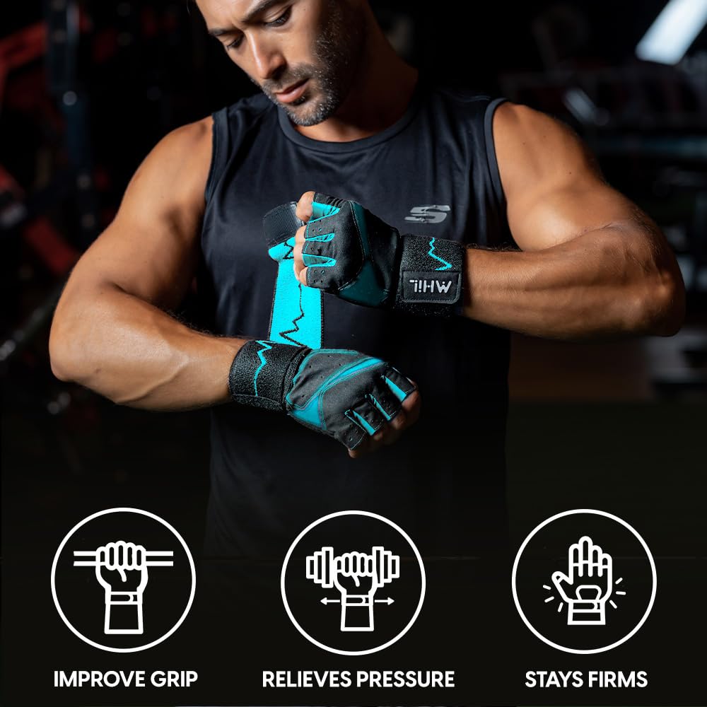MhIL Workout Gloves for Men – Comfortable Gym Gloves for Men with Enhanced Grip for Safety and Hand Protection – Weight Lifting Protection with Wrist Wraps Support for Performance Boost and Style