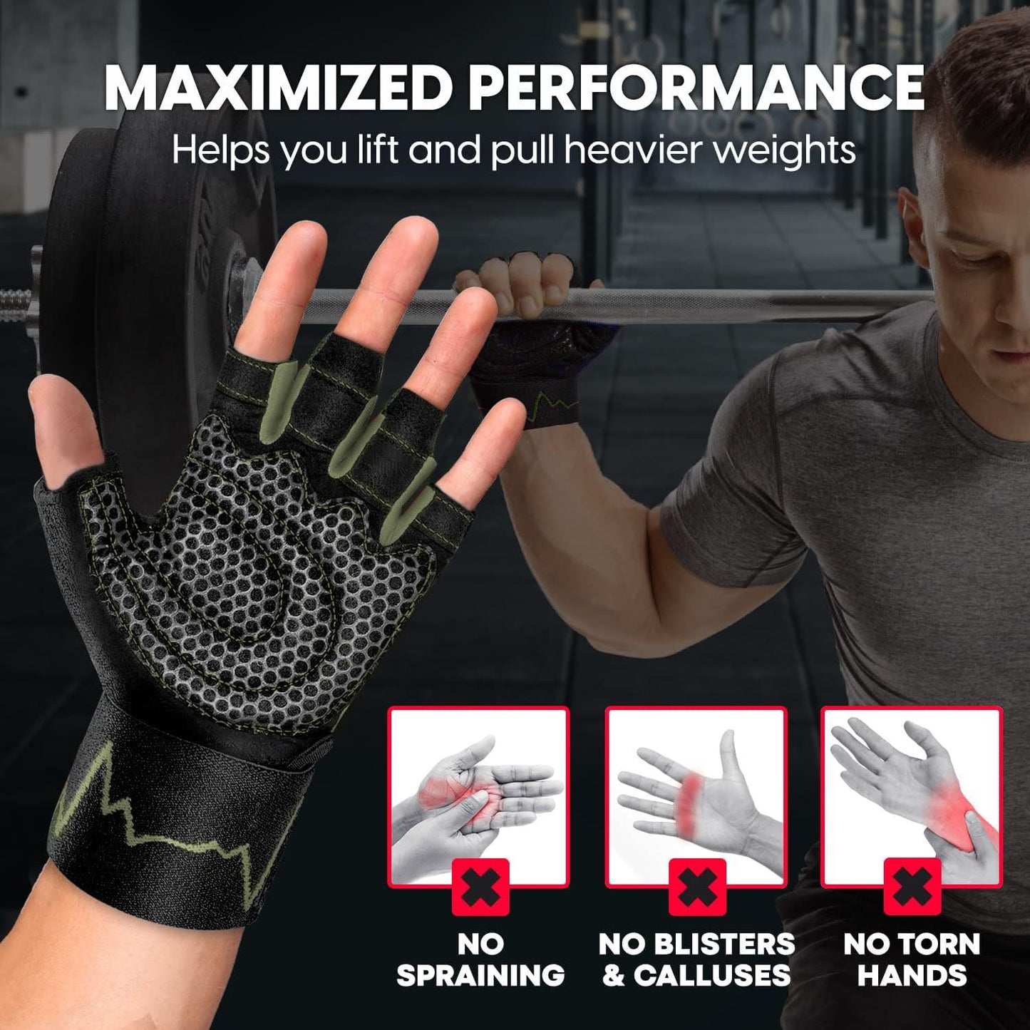 MhIL Workout Gloves for Men – Comfortable Gym Gloves for Men with Enhanced Grip for Safety and Hand Protection – Weight Lifting Protection with Wrist Wraps Support for Performance Boost and Style