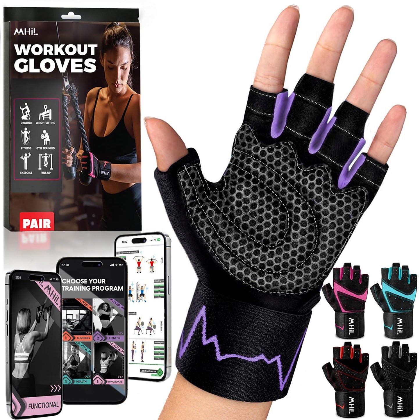 MhIL Workout Gloves for Women – Breathable Gym Gloves for Women with Palm Protection and Enhanced Grip – Padded Weight Lifting Glove for Womens with Wrist Wraps Support Weightlifting Exercise Cycling