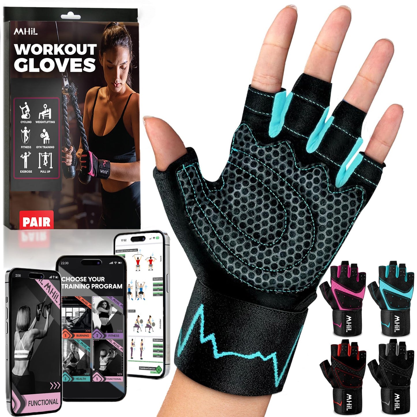 MhIL Workout Gloves for Women – Breathable Gym Gloves for Women with Palm Protection and Enhanced Grip – Padded Weight Lifting Glove for Womens with Wrist Wraps Support Weightlifting Exercise Cycling