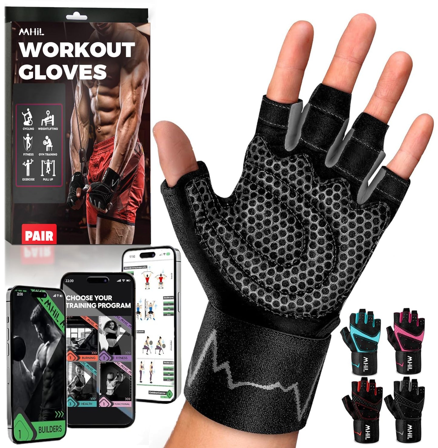 MhIL Workout Gloves for Men – Comfortable Gym Gloves for Men with Enhanced Grip for Safety and Hand Protection – Weight Lifting Protection with Wrist Wraps Support for Performance Boost and Style