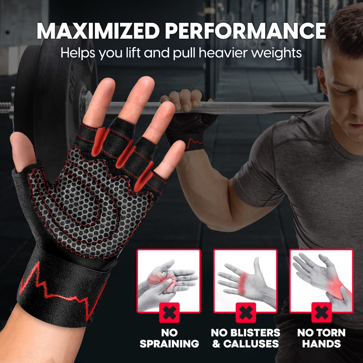 MhIL Workout Gloves for Men – Comfortable Gym Gloves for Men with Enhanced Grip for Safety and Hand Protection – Weight Lifting Protection with Wrist Wraps Support for Performance Boost and Style