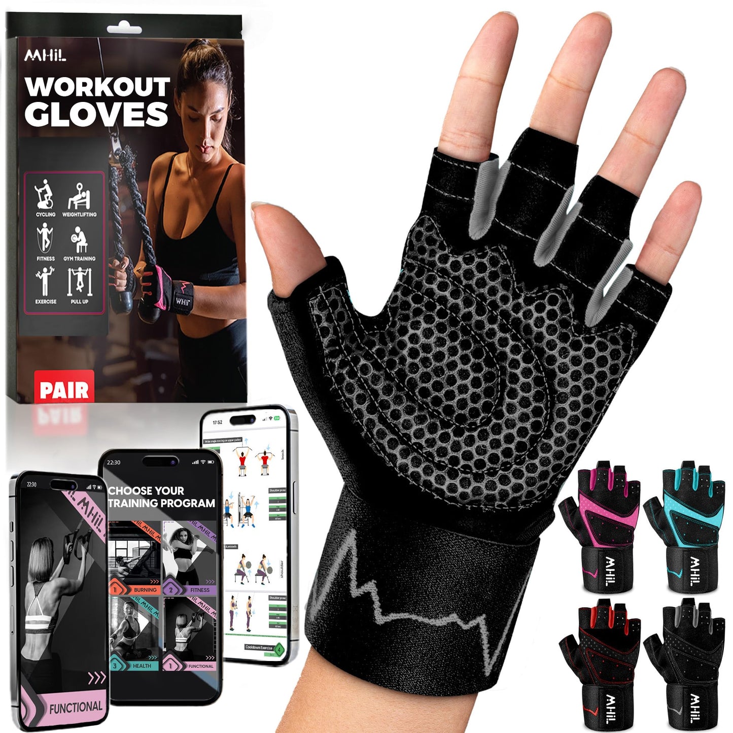 MhIL Workout Gloves for Women – Breathable Gym Gloves for Women with Palm Protection and Enhanced Grip – Padded Weight Lifting Glove for Womens with Wrist Wraps Support Weightlifting Exercise Cycling
