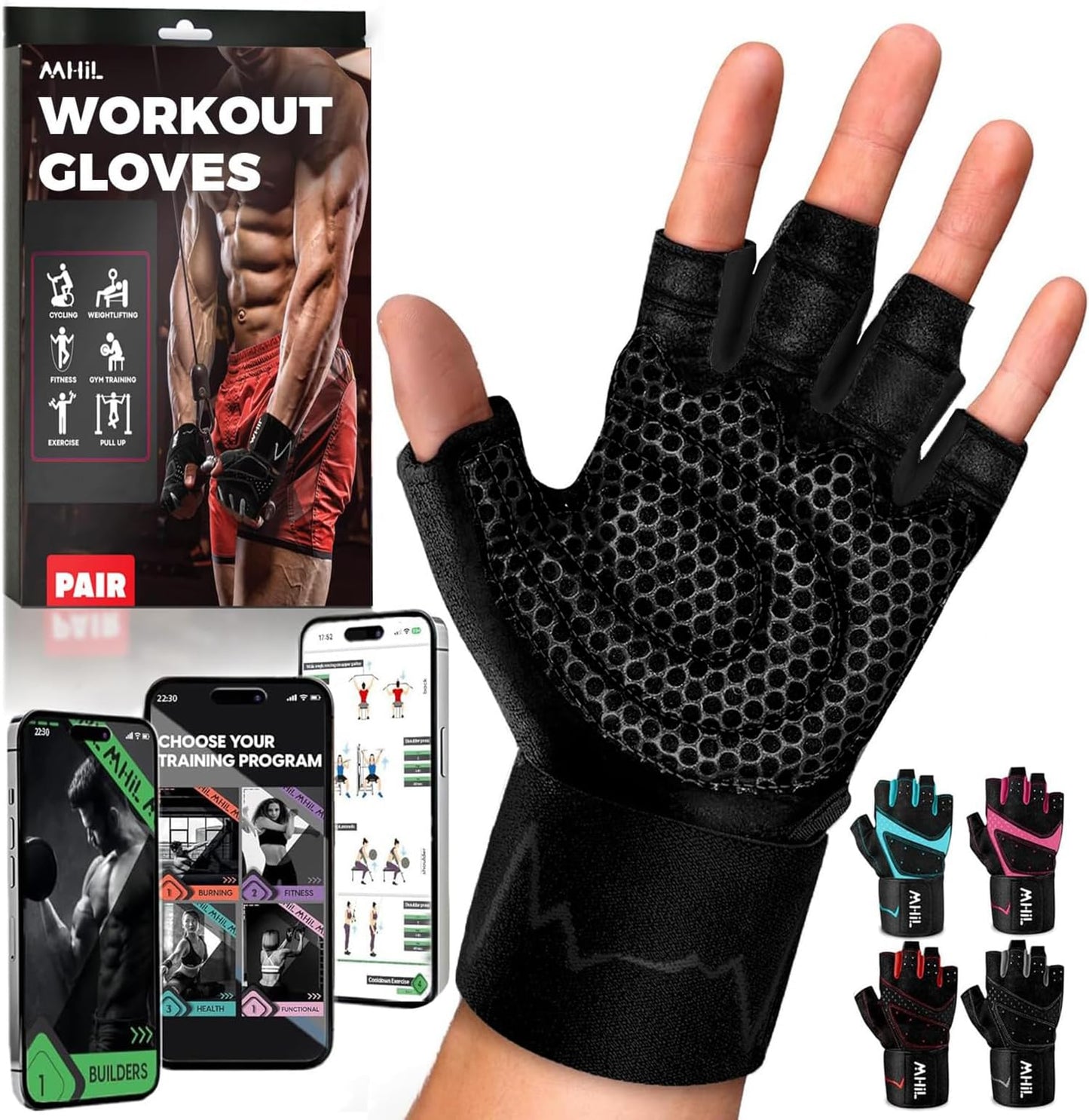 MhIL Workout Gloves for Men – Comfortable Gym Gloves for Men with Enhanced Grip for Safety and Hand Protection – Weight Lifting Protection with Wrist Wraps Support for Performance Boost and Style