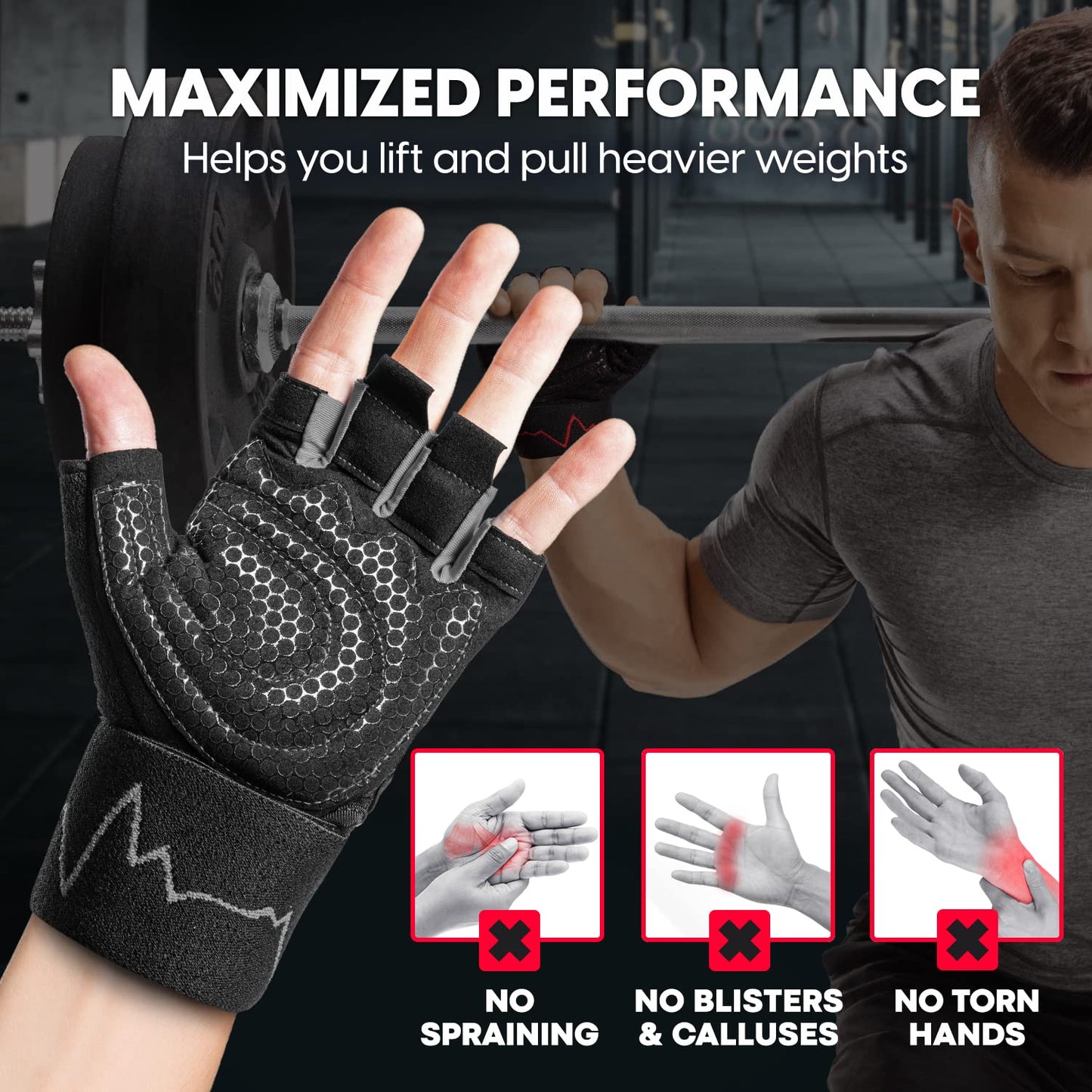 MhIL Workout Gloves for Men – Comfortable Gym Gloves for Men with Enhanced Grip for Safety and Hand Protection – Weight Lifting Protection with Wrist Wraps Support for Performance Boost and Style