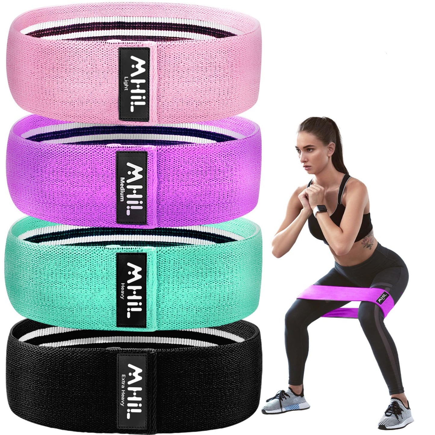 Fabric Resistance Bands for Women & Men – 4 Durable Exercise Bands for Working Out, Non-Slip & Non-Pinching Workout Bands – Multiple Resistance Levels Booty Bands for Legs Butt Glutes Hips Abs & More.