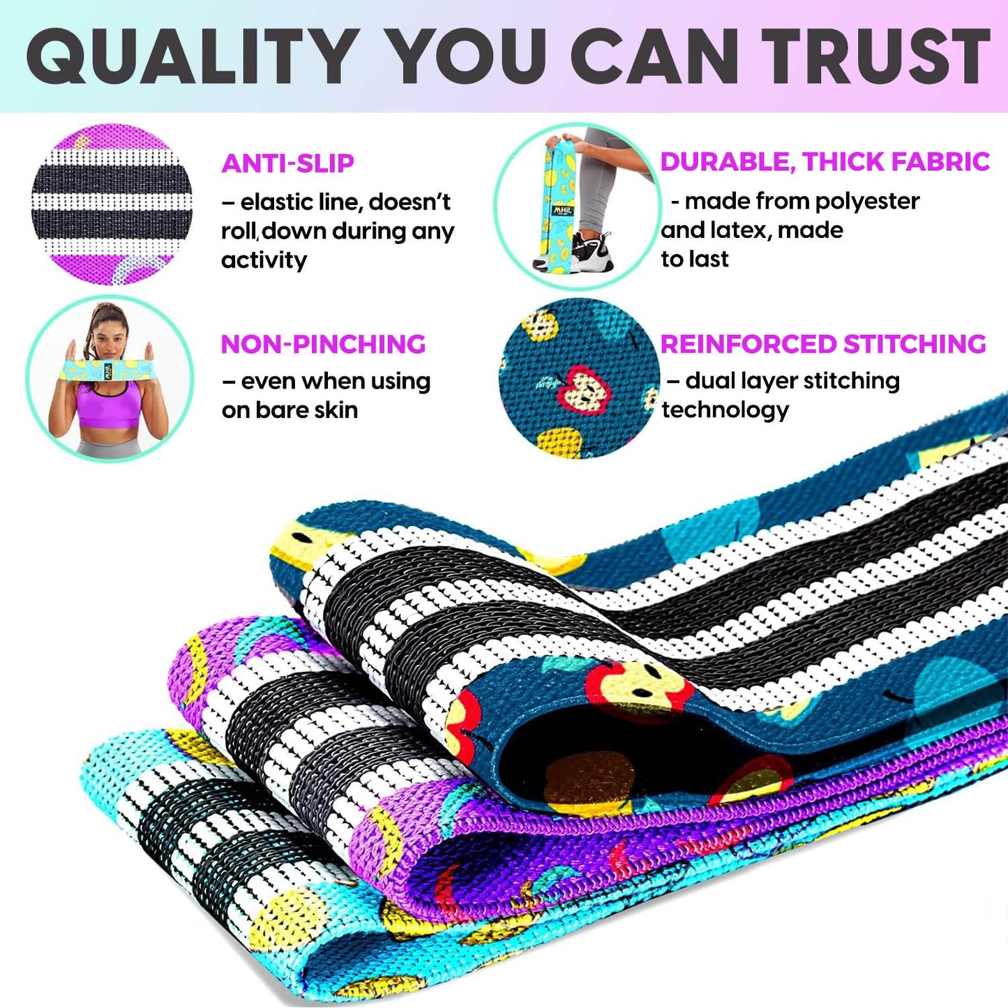 Fabric Resistance Bands for Women & Men – 4 Durable Exercise Bands for Working Out, Non-Slip & Non-Pinching Workout Bands – Multiple Resistance Levels Booty Bands for Legs Butt Glutes Hips Abs & More.