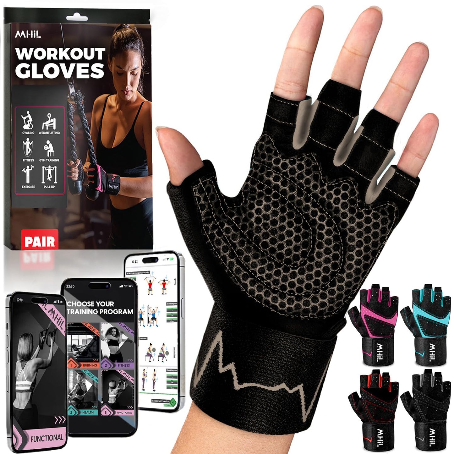MhIL Workout Gloves for Women – Breathable Gym Gloves for Women with Palm Protection and Enhanced Grip – Padded Weight Lifting Glove for Womens with Wrist Wraps Support Weightlifting Exercise Cycling